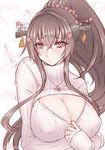  :/ alternate_costume blush breast_hold breasts brown_hair cherry_blossoms cleavage closed_mouth commentary_request covered_nipples flower flying_sweatdrops hair_flower hair_ornament headgear heart heart_background heart_lock_(kantai_collection) jewelry kantai_collection large_breasts long_sleeves looking_at_viewer meme_attire necklace open-chest_sweater ponytail red_eyes ribbed_sweater sidelocks solo suzuneko_(yume_no_kyoukai) sweater twitter_username upper_body yamato_(kantai_collection) 