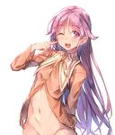  ;d bottomless groin happiness! long_hair male_focus navel one_eye_closed open_mouth otoko_no_ko out-of-frame_censoring purple_eyes purple_hair redcomet school_uniform simple_background smile solo teeth watarase_jun white_background 