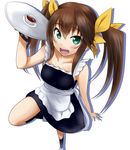  apron black_legwear brown_hair coffee collarbone cup eyebrows eyebrows_visible_through_hair fang green_eyes hair_ribbon huang_lingyin infinite_stratos leg_up long_hair looking_at_viewer maid open_mouth ribbon ryuusama simple_background socks solo teacup twintails white_apron white_background yellow_ribbon 