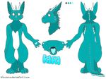  2016 ambiguous_gender anthro big_ears blue_fur digital_media_(artwork) dragon dutch_angel_dragon english_text featureless_crotch front_view fur furred_dragon fuzzy genderless_(disambiguation) hi_res horn kiri looking_at_viewer lyricalpaws mammal model_sheet multicolored_fur nude open_mouth pawpads paws simple_background smile standing teeth text tongue 