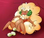  2016 anthro anthrofied belly big_belly birth blonde_hair blush breasts brown_skin clitoris egg female gettingeggywithit hair nintendo nude oviposition pok&eacute;mon pok&eacute;morph pregnant pussy pussy_juice red_background simple_background solo spread_legs spreading urethra video_games whimsicott 