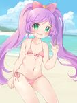  beach bikini blush breasts day embarrassed green_eyes kokorominton long_hair manaka_lala micro_bikini ocean pink_bikini polka_dot polka_dot_bikini pretty_(series) pripara purple_hair small_breasts swimsuit tears twintails v 