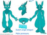  2016 ambiguous_gender anthro big_ears blue_fur digital_media_(artwork) dragon dutch_angel_dragon english_text featureless_crotch front_view fur furred_dragon fuzzy genderless_(disambiguation) hi_res horn kiri looking_at_viewer lyricalpaws mammal model_sheet multicolored_fur nude open_mouth pawpads paws simple_background smile standing teeth text tongue 
