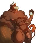  abs animal_genitalia anthro balls beard belly belt biceps big_biceps big_muscles bovine bracelet cattle donryu facial_hair front_view hair half-erect hi_res holding_object horn humanoid_penis jewelry looking_at_viewer male mammal manly mature_male minotaur muscular muscular_male nipples nude orange_hair partially_retracted_foreskin pecs penis pose relaxing simple_background solo standing uncut vein veiny_penis watch white_background white_eyes 