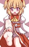  1girl akabashi barefoot blonde_hair blush child fairy_wings fangs feet looking_down open_mouth pov pov_feet purple_eyes shiny shiny_hair shiny_skin short_hair soles solo sunny_milk toes touhou twintails 