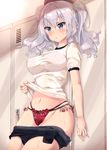  bad_anatomy beret blue_eyes blush breasts buruma chestnut_mouth covered_nipples fukuda_shuushi gym_uniform hat highres kantai_collection kashima_(kantai_collection) large_breasts locker locker_room long_hair panties red_panties see-through silver_hair solo sweat twintails underwear wavy_hair wet wet_clothes 