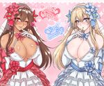  :o ;d bare_shoulders blonde_hair blue_bow blue_eyes blue_neckwear blue_ribbon blush bow bowtie breasts bridal_veil brown_hair character_name cleavage commentary_request covered_nipples criss-cross_halter dark_skin dress elbow_gloves finger_to_mouth flying_sweatdrops gloves hair_ornament hair_ribbon hairband halterneck heart heart_background heart_tattoo large_breasts lolita_hairband long_hair looking_at_viewer multiple_girls nose_blush one_eye_closed open_mouth original pink_eyes red_bow red_neckwear red_ribbon ribbon shiny shiny_skin sidelocks smile suzuneko_(yume_no_kyoukai) sweat tattoo twitter_username upper_body veil wedding_dress white_dress white_gloves 
