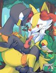  anal anal_penetration anthro braixen canine cum cumshot ejaculation erection eye_contact forest fox group heliolisk interspecies knife male male/male mammal nintendo orgasm outside penetration penis pok&eacute;mon reptile scalie sex snivy tree tricksta video_games 