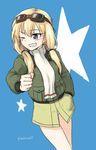  ;d blonde_hair blue_background blue_eyes bomber_jacket carla_j_luksic clenched_hand dutch_angle eyebrows eyebrows_visible_through_hair goggles goggles_on_head hair_between_eyes hand_in_pocket highres jacket long_hair long_sleeves low_twintails makaze_(t-junction) military military_uniform noble_witches one_eye_closed open_mouth panties scarf signature simple_background smile solo star strike_witches twintails underwear uniform white_panties world_witches_series 