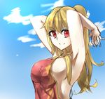  armpits arms_up blonde_hair breasts deko_isu highres junko_(touhou) large_breasts long_hair naked_tabard ponytail red_eyes sideboob sketch smile tabard touhou 