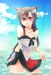  absurdres animal_ears bare_shoulders blush breasts brown_hair cleavage collarbone contrapposto deko_isu dress dress_lift highres imaizumi_kagerou large_breasts long_hair off-shoulder_dress off_shoulder red_eyes see-through standing touhou very_long_hair wet wet_clothes wolf_ears 