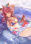  animal_ears arm_up bikini blue_bikini bracelet breasts fate/grand_order fate_(series) flower fox_ears fox_tail hibiscus highres innertube jewelry long_hair low_ponytail medium_breasts nove_(legge) one_eye_closed partially_submerged pink_eyes pink_hair ponytail sitting smile solo strap_gap swimsuit tail tamamo_(fate)_(all) tamamo_no_mae_(fate) tamamo_no_mae_(swimsuit_lancer)_(fate) water water_drop wet 
