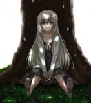  aqua_eyes cherry_blossoms collarbone eyebrows eyebrows_visible_through_hair grass hair_between_eyes hair_ornament long_hair looking_at_viewer original ribbon ryuusama silver_hair sitting smile solo tree white_ribbon 