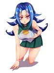  1girl blue_hair breast_grab kamishiro_rio long_hair looking_at_viewer red_eyes school_uniform skirt uniform yu-gi-oh! yuu-gi-ou_zexal 