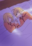  1boy 1girl bed bed_sheet blonde_hair blue_eyes brother_and_sister covering_one_eye hinata_(princess_apple) interlocked_fingers kagamine_len kagamine_rin light_rays messy_hair morning one_eye_closed pajamas pillow shared_blanket short_hair siblings sleeping sleepy sunlight twins vocaloid waking_up 