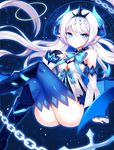 1girl absurdres ass bad_id bad_pixiv_id blue_background blue_bow blue_eyes blue_footwear blue_legwear boots bow chain crossed_legs crown detached_sleeves elsword highres horns knee_boots long_hair looking_at_viewer luciela_r._sourcream noblesse_(elsword) papo pointy_ears solo thighhighs twintails white_hair 