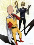  absurdres bald blonde_hair boots cape cyborg emphasis_lines genos gloves highres instrument karaoke male_focus microphone multiple_boys official_art one-punch_man red_footwear red_gloves rubber_boots saitama_(one-punch_man) shadow source_request superhero tambourine toda_mai white_cape 