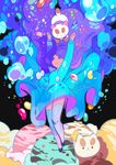  :&lt; animal arms_up bee_(bee_and_puppycat) bee_and_puppycat bell black_legwear blue_dress blue_legwear bow bubble candy cat catching closed_mouth dress floating_hair food gem hair_ornament ice_cream jelly_bean jingle_bell long_dress long_hair long_sleeves maruco open_hand palms puppycat purple_hair simple_background smile standing star tan thighhighs too_many too_many_scoops very_long_hair 