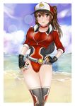  adapted_costume backpack bag baseball_cap beach belt brown_eyes brown_hair choker competition_swimsuit cropped_jacket female_protagonist_(pokemon_go) fingerless_gloves gloves hat highres long_hair mashinatsu ocean one-piece_swimsuit poke_ball pokemon pokemon_go ponytail solo standing swimsuit swimsuit_under_clothes thighhighs 