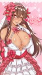  ;d bare_shoulders blush bow bowtie breasts bridal_veil brown_hair character_name cleavage commentary_request covered_nipples criss-cross_halter dark_skin dress elbow_gloves finger_to_mouth gloves hair_ornament hair_ribbon hairband halterneck heart heart_background heart_tattoo highres large_breasts lolita_hairband long_hair looking_at_viewer one_eye_closed open_mouth original pink_eyes red_bow red_neckwear red_ribbon ribbon shiny shiny_skin sidelocks smile solo suzuneko_(yume_no_kyoukai) tattoo twitter_username upper_body veil wedding_dress white_dress white_gloves 