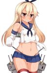  &gt;_&lt; :3 anchor_hair_ornament blonde_hair blue_skirt blush bow breasts brown_eyes closed_eyes collarbone elbow_gloves eyebrows eyebrows_visible_through_hair gloves grin hair_bow hair_ornament hairband highres kantai_collection long_hair miniskirt naughty_face navel panties panty_lift rensouhou-chan shimakaze_(kantai_collection) simple_background skirt small_breasts smile stomach striped striped_legwear thighhighs thong underwear white_background white_gloves zack_(haiuinndo) 