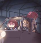  3girls :o ahoge artist_name bangs blonde_hair blue_eyes body_bag cigarette colored_eyelashes commentary cropped_jacket dated driving garrison_cap ground_vehicle hair_between_eyes hat headlight high_ponytail i-168_(kantai_collection) i-58_(kantai_collection) jitome kantai_collection long_hair looking_at_another motor_vehicle multiple_girls one-piece_swimsuit open_mouth pink_eyes pink_hair puffy_short_sleeves puffy_sleeves red_hair school_swimsuit school_uniform serafuku short_hair short_sleeves silver_bell smoking sweatdrop swimsuit swimsuit_under_clothes truck tunnel u-511_(kantai_collection) 