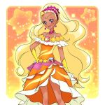  1girl :d artist_request bare_shoulders blonde_hair character_request dark_skin dress earrings eyelashes hair_ornament happy jewelry long_hair looking_at_viewer magical_girl open_mouth orange_dress precure smile solo source_request standing star_twinkle_precure tagme 