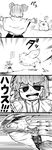  1girl 4koma :d animal animal_ears capelet comic dog emphasis_lines eyebrows eyebrows_visible_through_hair freckles greyscale highres hitting in_the_face monochrome mouse_ears mouse_tail nazrin nicetack open_mouth outstretched_arms shorts smile speed_lines spoken_exclamation_mark standing tail thick_eyebrows tongue tongue_out touhou translation_request 