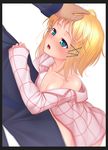  1girl bare_shoulders black_bullet blonde_hair blue_eyes blush hair_ornament long_hair looking_at_viewer minimiko3013 open_mouth pajamas petting solo_focus tina_sprout 