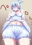 1girl :&lt; aq_interactive arcana_heart arcana_heart_2 bifidus bloomers blush breasts embarrassed examu folded_ponytail from_below frown gradient_background highres looking_at_viewer medium_breasts navel nightgown short_hair silver_hair skirt_lift stomach sweat thick_thighs yellow_eyes zenia_valov 