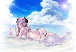  ass bikini blue_eyes blue_sky butt_crack cloud cloudy_sky day draph earrings granblue_fantasy hair_ornament hair_over_one_eye horns jewelry lavender_hair long_hair looking_at_viewer lying narmaya_(granblue_fantasy) on_side on_stomach outdoors partially_submerged pointy_ears ramuda_(guilty931) shaved_ice sky smile solo spoon sun swimsuit thigh_strap water whale white_bikini 
