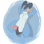  2016 animal_genitalia animal_penis cetacean_penis erection eyes_closed genital_slit hands_behind_head kairyu211 male marine nintendo penis pok&eacute;mon precum simple_background slit slitfluid smile solo swampert tapering_penis video_games 