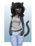  2016 blue_eyes breasts clothing fan_character fangs feline jeans jenifer_(character) looking_at_viewer mammal panther pants shirt simple_background smile tank_top vulpessentia 