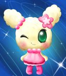  &lt;3 blush clothing cute dress female flower fluffy green_eyes legwear looking_at_viewer lovelitchi one_eye_closed plant smile sparkles stockings tamagotchi unknown_artist wink 