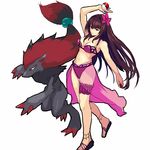 arm_up bikini brown_eyes brown_hair crossover fate/grand_order fate_(series) gen_5_pokemon highres holding holding_poke_ball jirusu long_hair midriff navel poke_ball poke_ball_(generic) pokemon pokemon_(creature) scathach_(fate)_(all) scathach_(swimsuit_assassin)_(fate) simple_background swimsuit thighs white_background zoroark 