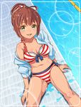  ahoge bikini breasts brown_hair green_eyes highres jin_kansai lane_line muffin_top off_shoulder open_clothes open_shirt original pool poolside scrunchie shirt sitting skindentation small_breasts solo striped striped_bikini swimsuit tan thighs wet 