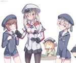  5girls :o artist_name bag bismarck_(kantai_collection) black_gloves black_legwear black_skirt blonde_hair blue_eyes blush breasts brown_eyes brown_hair capelet chestnut_mouth cleavage clothes_writing commentary_request covered_nipples dated dress gloves graf_zeppelin_(kantai_collection) hair_between_eyes hat kantai_collection long_hair long_sleeves medium_breasts microskirt military military_uniform multiple_girls nose_blush pantyhose pasties peaked_cap pleated_skirt prinz_eugen_(kantai_collection) sailor_dress sailor_hat short_hair silver_bell simple_background skirt soylent_green_(foodstuff) soylent_green_(movie) twintails uniform white_background z1_leberecht_maass_(kantai_collection) z3_max_schultz_(kantai_collection) 