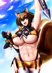  animal_ears antenna_hair arm_up bare_shoulders blazblue breasts brown_eyes brown_hair clenched_hands cloud cloudy_sky crop_top day fingerless_gloves gloves highleg huge_breasts lens_flare makoto_nanaya merlyn microskirt midriff multicolored_hair muscle navel open_mouth pelvic_curtain revealing_clothes short_hair side_slit skirt sky solo squirrel_ears squirrel_tail tail thighhighs tonfa two-tone_hair underboob weapon 