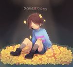  ankle_boots bandaid bandaid_on_knee boots brown_hair closed_eyes copyright_name flower_bed frisk_(undertale) highres knife makoto_(konbumi) open_mouth petals shorts sitting socks solo spotlight striped striped_sweater sweater undertale 
