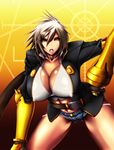  ass_visible_through_thighs black_jacket blazblue breasts buckle bullet_(blazblue) cleavage covered_nipples cowboy_shot cutoffs denim denim_shorts fingerless_gloves gauntlets gloves hand_on_hip highres huge_breasts jacket leaning_forward looking_at_viewer merlyn navel open_mouth platinum_blonde_hair puffy_nipples scar short_hair shorts solo thighs yellow_eyes 