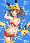  absurdres bikini_top blue_background blush_stickers breasts brown_hair cabbie_hat cosplay costume electricity fake_tail female_protagonist_(pokemon_go) gen_1_pokemon green_eyes hat highres medium_breasts open_mouth pikachu pikachu_(cosplay) poke_ball_theme pokemon pokemon_(creature) pokemon_go ponytail short_shorts shorts solo_focus tail yellow_legwear yi_l_chen_5 