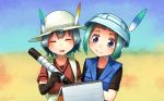  2girls :d ^_^ aqua_hair backpack bag bangs black_gloves black_shirt blue_eyes blue_hat blue_vest blunt_bangs blurry blurry_background closed_eyes commentary commentary_request elbow_gloves eyebrows_visible_through_hair eyes_closed gloves green_hair hat hat_feather heterochromia kaban_(kemono_friends) kemono_friends kyururu_(kemono_friends) marker multiple_girls open_mouth oversized_object red_shirt shirt short_hair short_sleeves signature sketchbook smile vest welt_(kinsei_koutenkyoku) white_hat 