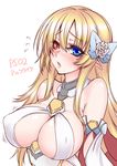  :o bare_shoulders blonde_hair blue_bow blue_eyes blush bow breasts character_name character_request cleavage covered_nipples elf flower flying_sweatdrops hair_bow hair_flower hair_ornament heterochromia large_breasts long_hair looking_at_viewer looking_to_the_side nose_blush open_mouth orange_eyes original phantasy_star phantasy_star_online_2 pointy_ears revealing_clothes rose sidelocks simple_background solo suzuneko_(yume_no_kyoukai) upper_body white_background white_flower white_rose 