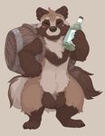  2015 4_toes 5_fingers alcohol anthro balls barrel beverage big_balls black_nose bottle brown_fur claws digital_media_(artwork) eyes_closed front_view fur hi_res holding_bottle holding_object japanese male mammal multicolored_fur mythical seth-iova simple_background solo tan_fur tanuki toe_claws toes wine 