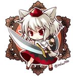  &gt;:( animal_ears chibi commentary_request frown full_body geta hat holding holding_sword holding_weapon inubashiri_momiji long_sleeves pom_pom_(clothes) red_eyes shield short_hair socha solo sword tail tokin_hat touhou twitter_username v-shaped_eyebrows weapon white_hair wolf_ears wolf_girl wolf_tail 