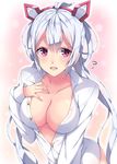  :d ahoge breasts cleavage dress_shirt flying_sweatdrops hairband looking_at_viewer matoi_(pso2) medium_breasts milkpanda naked_shirt open_mouth phantasy_star phantasy_star_online_2 red_eyes shirt smile solo twintails white_hair 