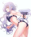  :q ass bikini black_bikini breasts fate/grand_order fate_(series) jeanne_d'arc_(alter)_(fate) jeanne_d'arc_(fate)_(all) long_hair looking_at_viewer medium_breasts nipi27 silver_hair simple_background smile solo swimsuit tongue tongue_out underboob water_gun wet white_background yellow_eyes 