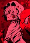  :d blood blood_splatter bow drill_hair fang flandre_scarlet from_side hat hat_bow head_tilt lips looking_at_viewer looking_to_the_side mob_cap nude open_mouth pointy_ears red_bow red_eyes side_ponytail slit_pupils smile solo spot_color suzuneko_(yume_no_kyoukai) touhou upper_body wings 