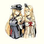  2girls bangs bare_shoulders bismarck_(kantai_collection) blonde_hair blue_eyes braid breasts brown_gloves cleavage collarbone corset crown detached_sleeves dress flower french_braid gloves grin hair_between_eyes hairband hat jewelry kantai_collection long_hair long_sleeves looking_at_another medium_breasts military military_uniform mini_crown multiple_girls necklace off-shoulder_dress off_shoulder parted_lips peaked_cap red_flower red_ribbon red_rose ribbon rose side-by-side simple_background smile uniform warspite_(kantai_collection) weidashming white_background 