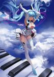  arms_up blue_eyes blue_hair boots breasts cloud elbow_gloves floating_hair full_body gloves goodsmile_company goodsmile_racing hatsune_miku highres large_breasts long_hair looking_at_viewer microphone piano_keys qiake sky smile solo thigh_boots thighhighs twintails very_long_hair vocaloid 